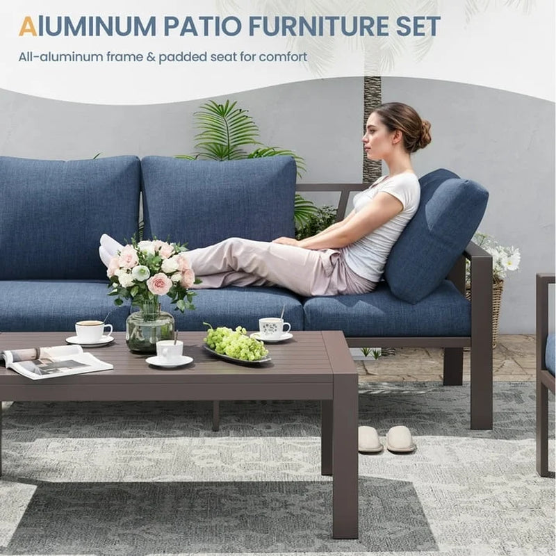 Aluminum Patio Furniture Set, Contemporary Outdoor Couch Set, Aluminum Patio Conversation Set, Blue