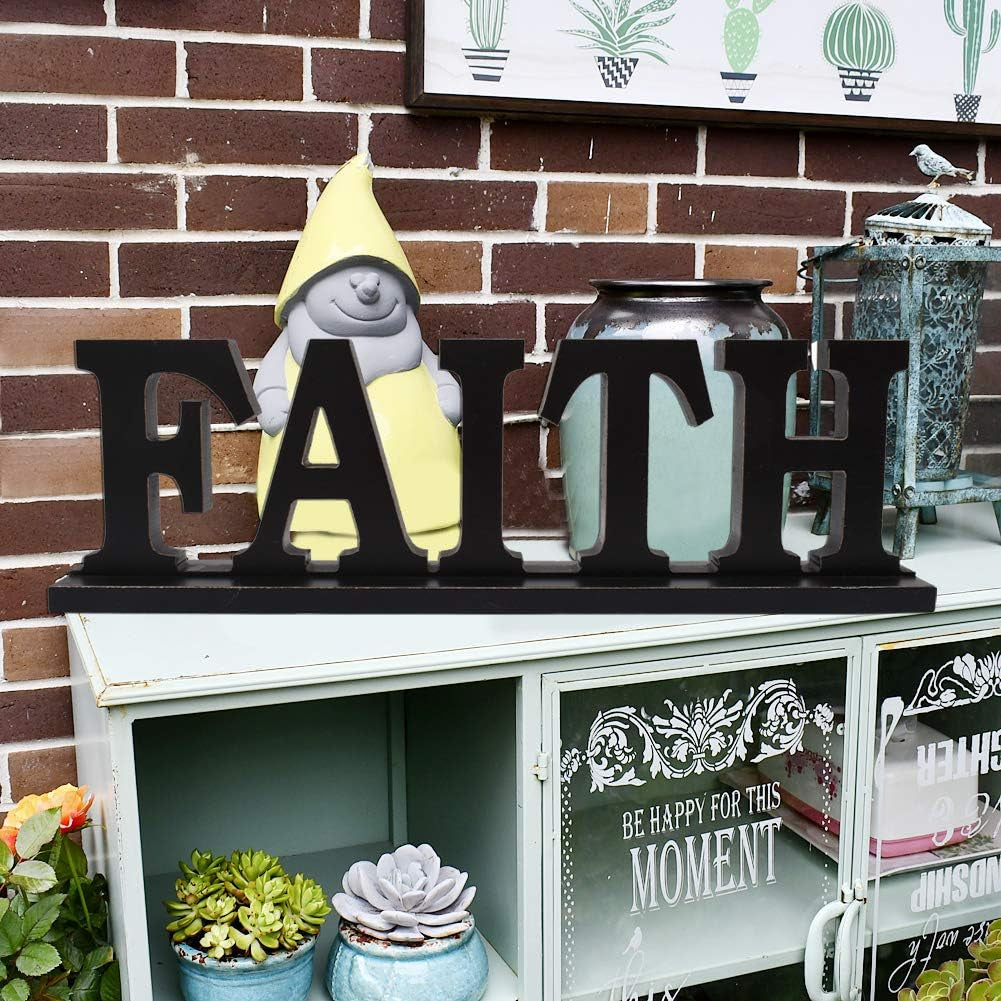 Rustic Wooden Faith Sign for Home Decor - Freestanding Tabletop Decor, 16.2" X 4.85" Black Faith Block Letters