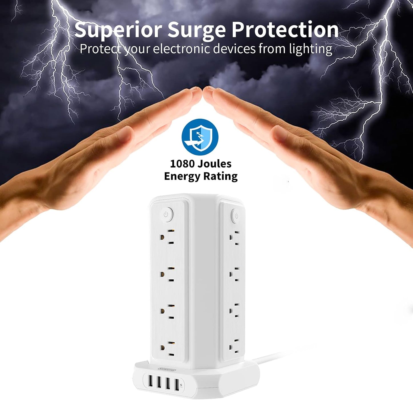 Power Up Your Space: 10 FT Extension Cord Power Strip Tower with 16 Outlets, 4 USB Ports, and Surge Protection - Perfect for Home, Office, and Dorm!