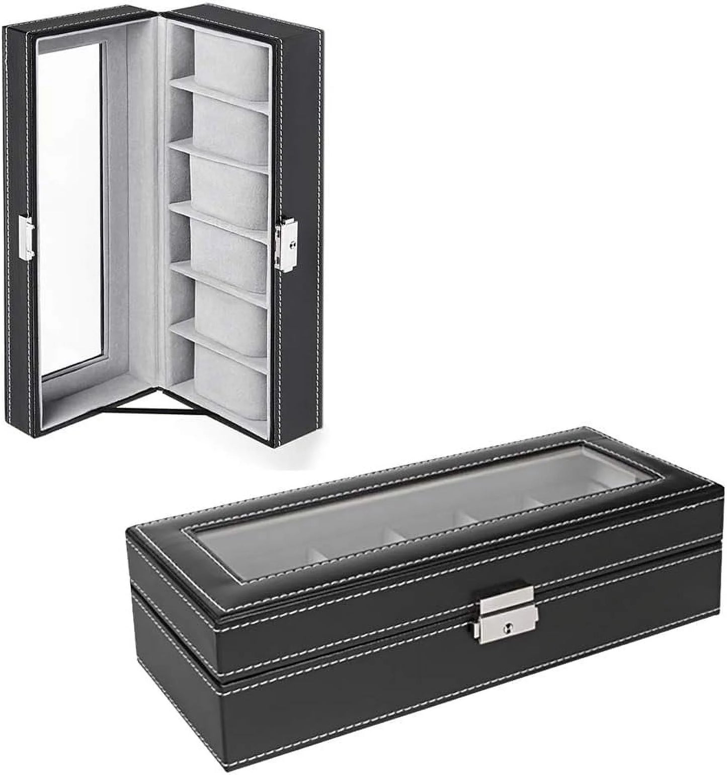 Luxurious 6-Slot Black Leather Watch Box Organizer - Perfect Display Storage for Men