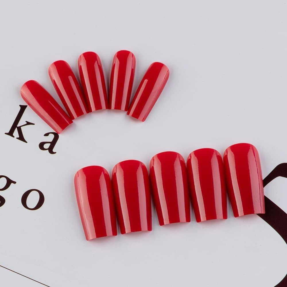 Vibrant Red Medium Long Square Press-On Nails - Stylish Coffin Acrylic Nails for Effortless Glam!
