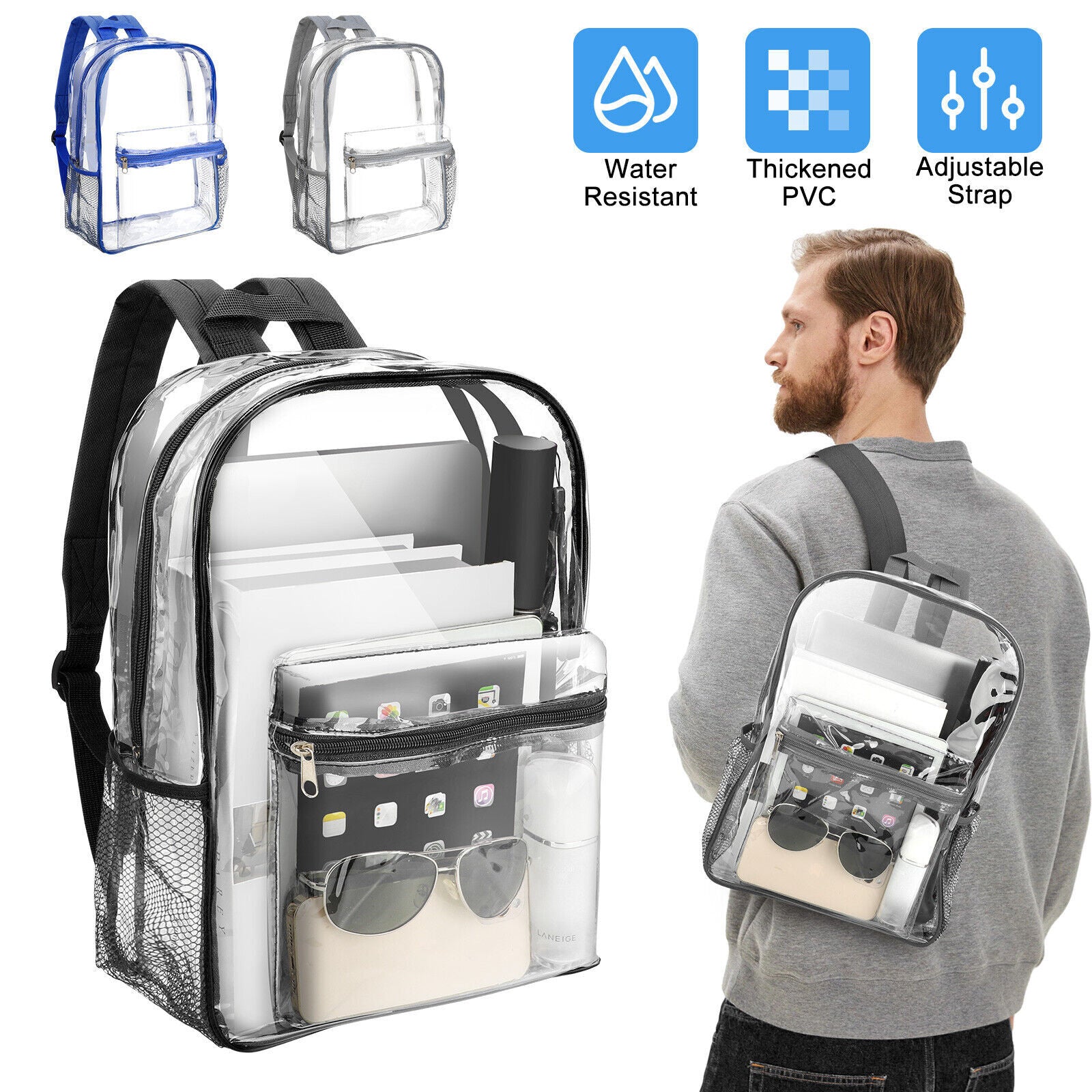 Heavy Duty Clear Backpack Waterproof Transparent Sling Bag See through Book-Bag