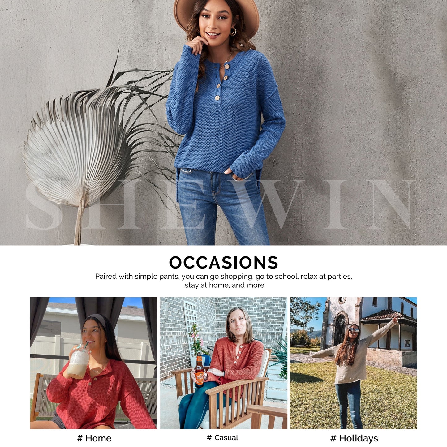 Elevate Your Autumn Wardrobe with Our Stylish Women’s Solid Blue Waffle Knit Pullover Sweater - Perfect for Layering!