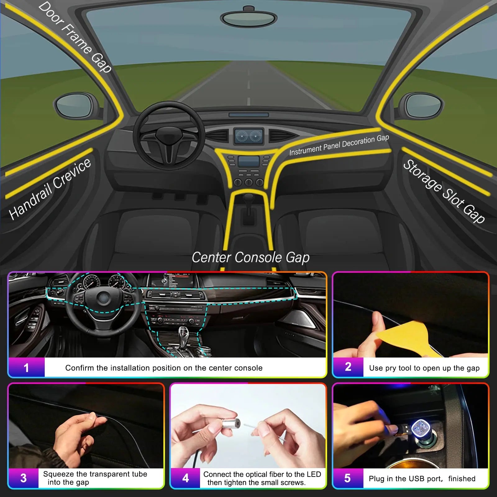 Transform Your Ride with RGB LED Car Interior Ambient Strip Lights - APP Remote Control & Fiber Optic Neon Atmosphere Kit!