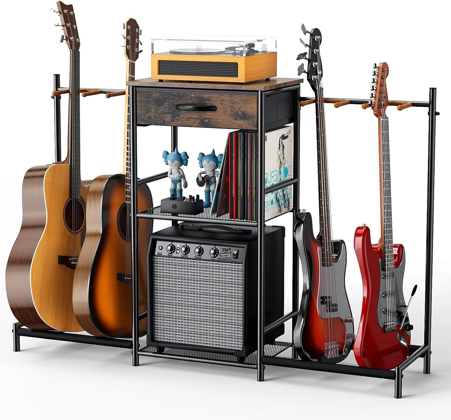 4-Tier Adjustable Guitar Stand with Amp Holder & Cloth Drawer - Perfect Display for Music Rooms & Home Studios
