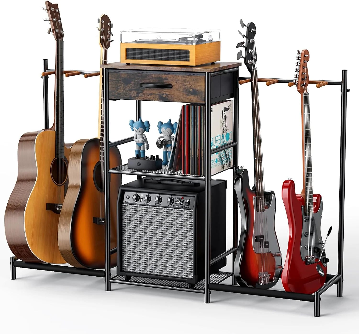 4-Tier Adjustable Guitar Stand with Amp Holder & Cloth Drawer - Perfect Display for Music Rooms & Home Studios