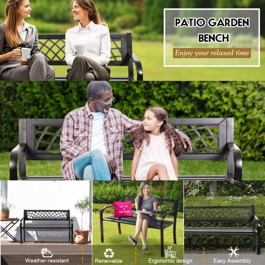 Garden Bench Patio Bench Outdoor Park Bench with Armrests, for Park Yard Deck Entryway, Black