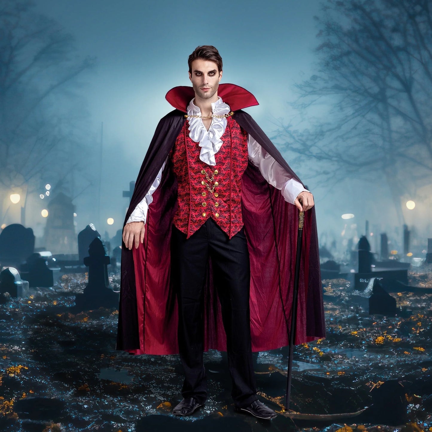 Transform into a Timeless Vampire: Adult Halloween Costume Set with Cape and Vest for Unforgettable Parties