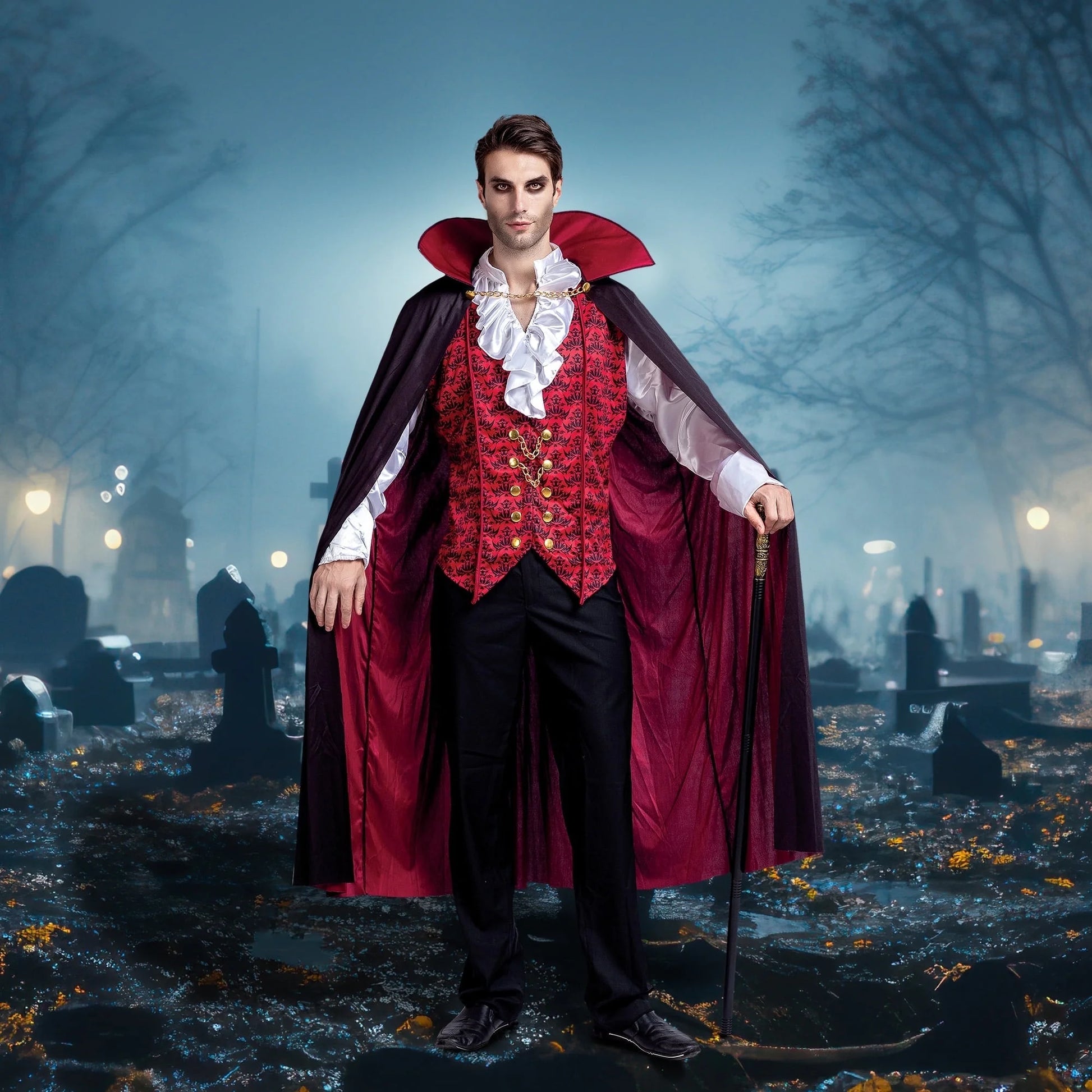 Transform into a Timeless Vampire: Adult Halloween Costume Set with Cape and Vest for Unforgettable Parties