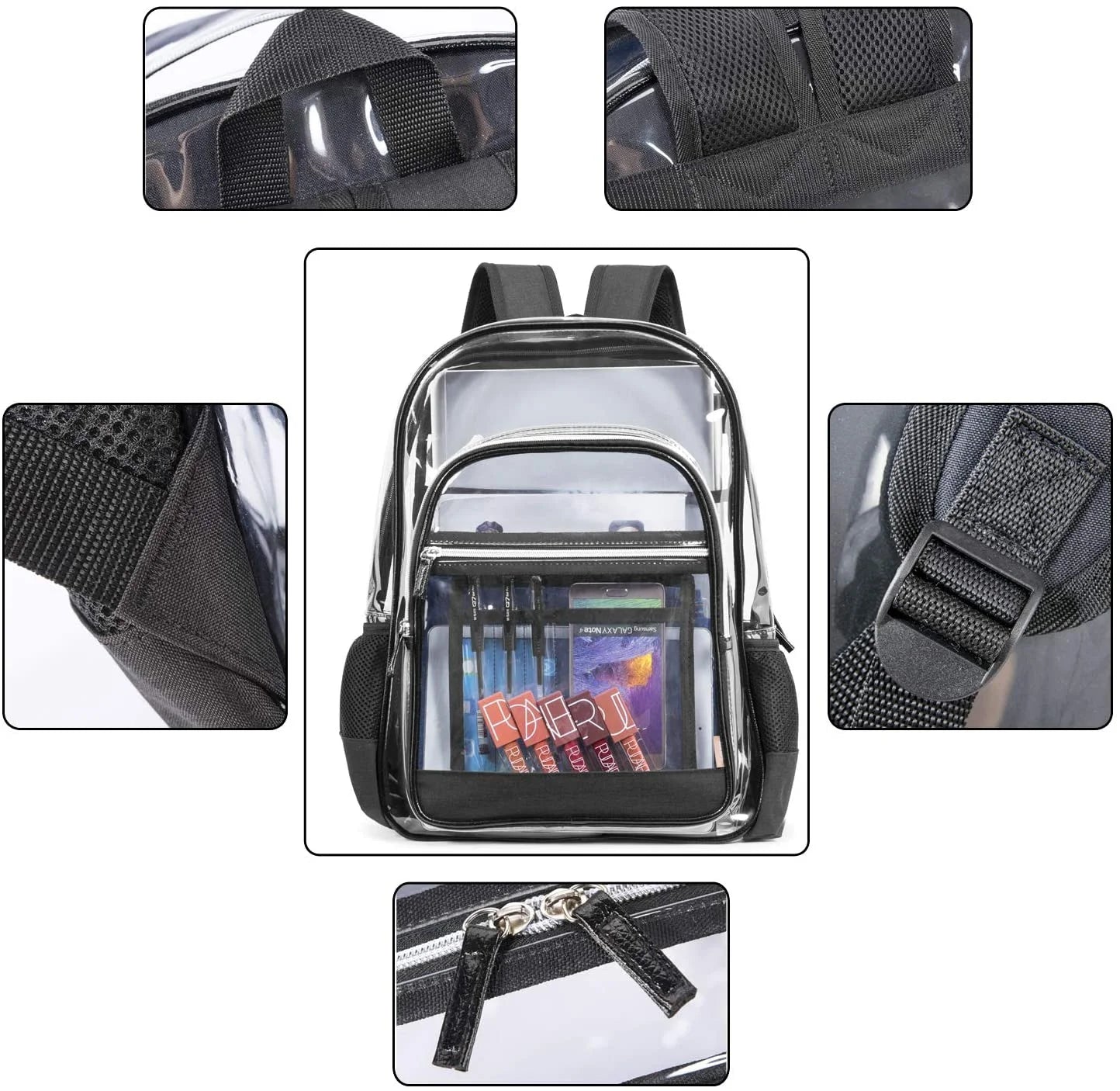 Upgraded Version - Clear Backpack See through School Bags Basic Transparent Student Bookbag TSA Approved, See Through, Black