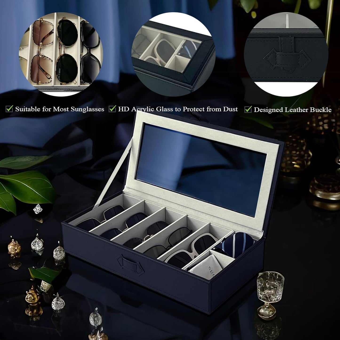 Stylish Black Sunglasses Organizer with 5 Slots for Eyewear and 2 Compartments for Accessories