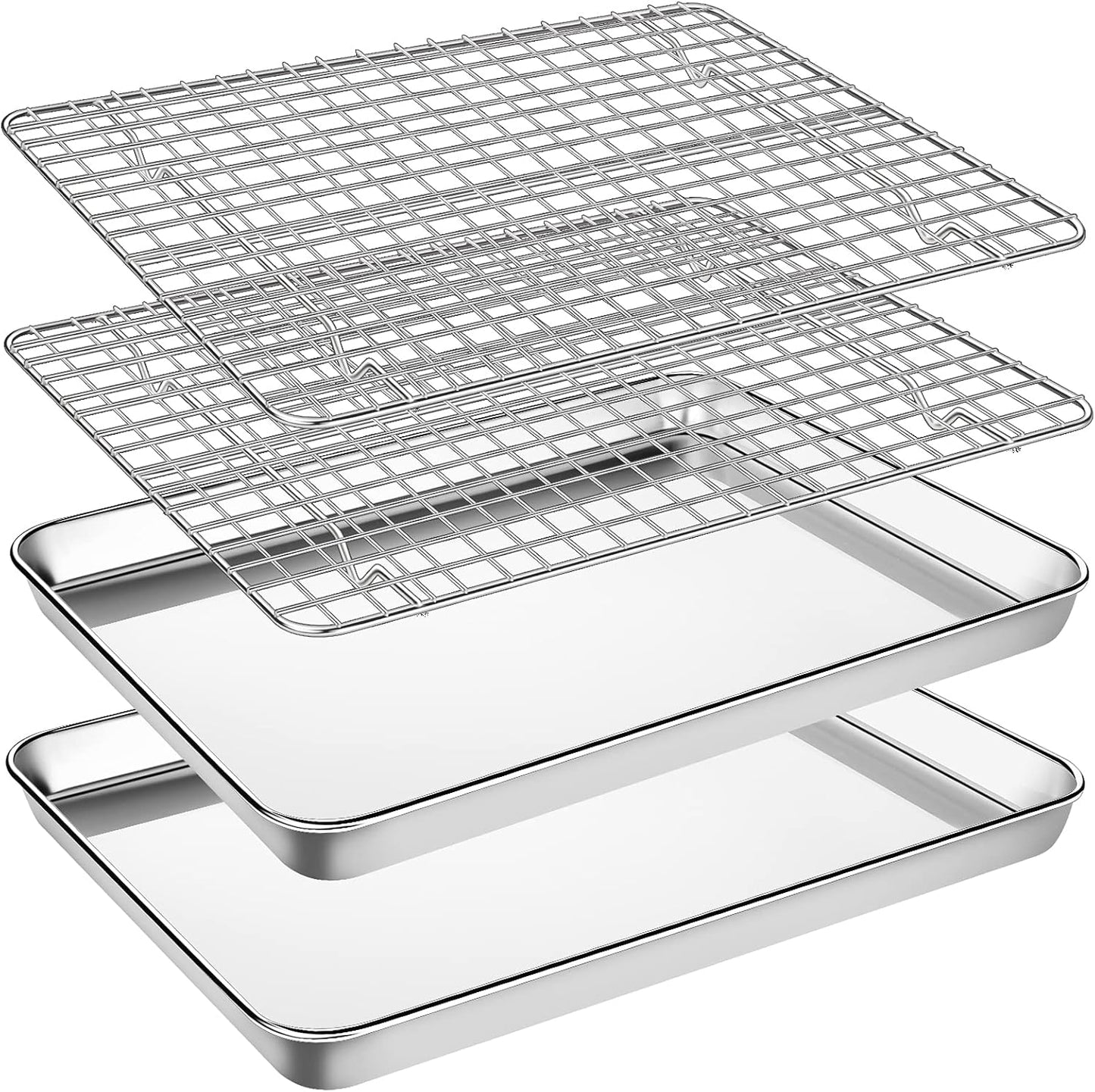 Premium 4-Piece Baking Sheet and Cooling Rack Set - Heavy Duty Stainless Steel, 12-Inch Cookie Trays, Non-Toxic & Dishwasher Safe