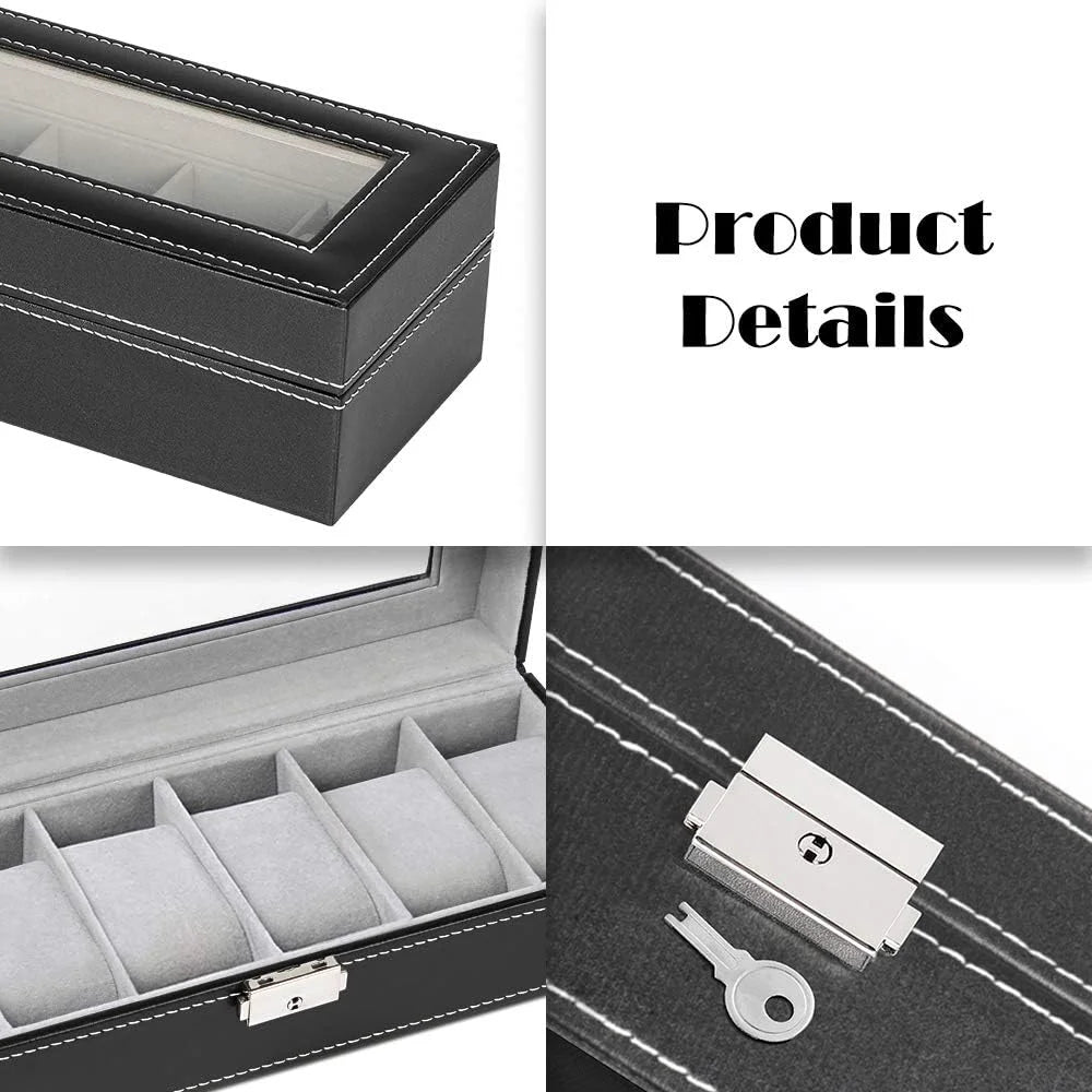 Luxurious 6-Slot Black Leather Watch Box Organizer - Perfect Display Storage for Men
