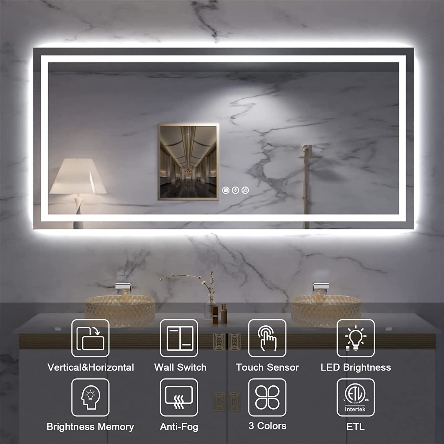 60" x 28" Dimmable LED Bathroom Mirror - Backlit & Front-Lighted, Anti-Fog, Memory Function, Shatterproof, ETL Listed