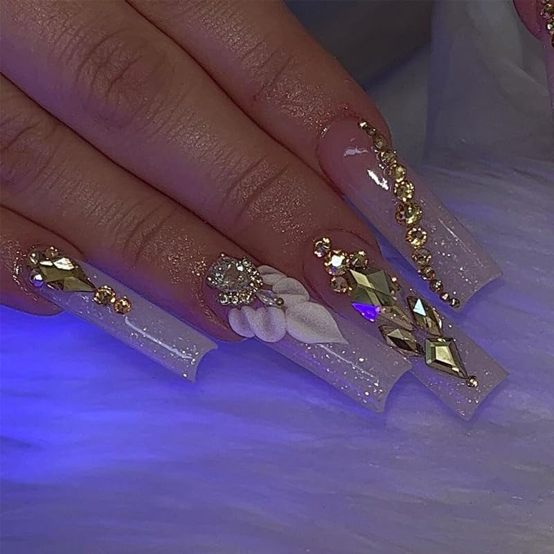 Press on Nails, Square Nails with Flower and Rhinestones Design, Perfect for Prom/Party/Holiday, Gift for Women (Khaki)