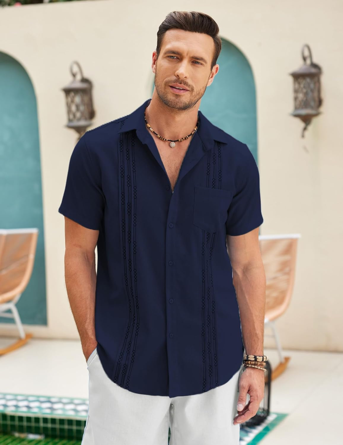 Men'S Linen Cuban Shirt Short Sleeve Beach Tops Mexican Guayabera Shirts Blue