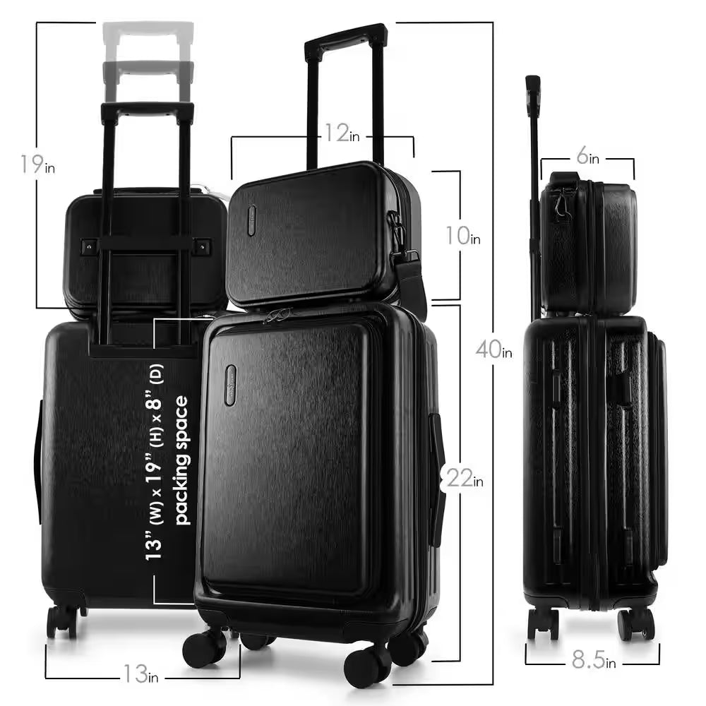 Elevate Your Travel Experience with Our 2-Piece Black Hardside Carry-On Luggage Set - Airline Approved with USB Charging Capability!