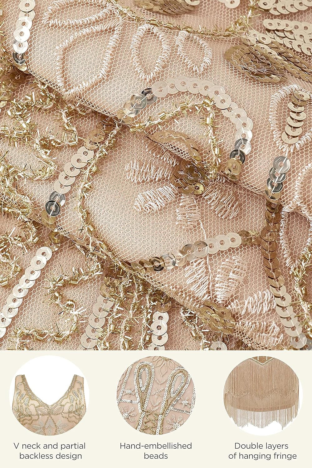 Glamorous 1920s Women's Flapper Dress - Beaded V-Neck Fringed Cocktail Attire in Champagne & Gold