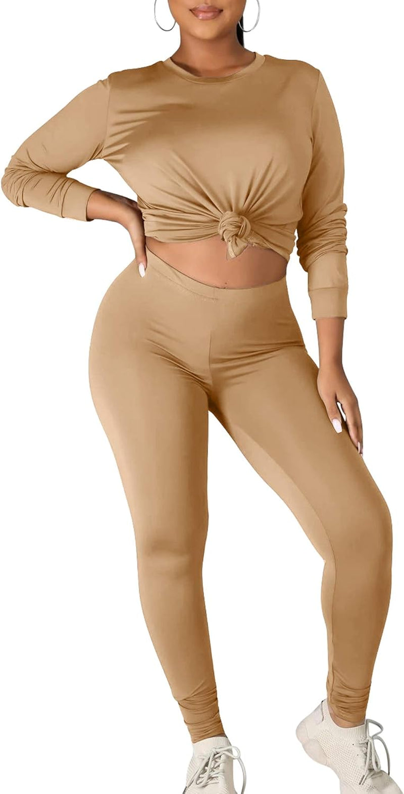 Elevate Your Workout Style with Kaximil Women's 2 Piece Tracksuit - Chic Long Sleeve Top and Legging Jogger Pants Set in Khaki
