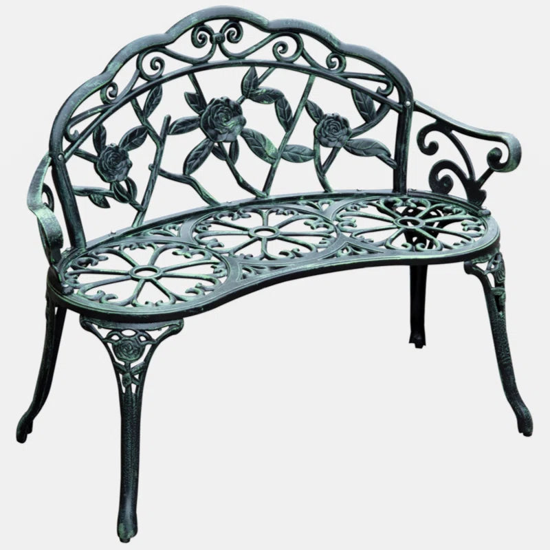 Westgrove Park Bench，Outdoor Bench, Cast Aluminum Outdoor Furniture, Metal Bench with Floral Rose Accent & Antique Finish