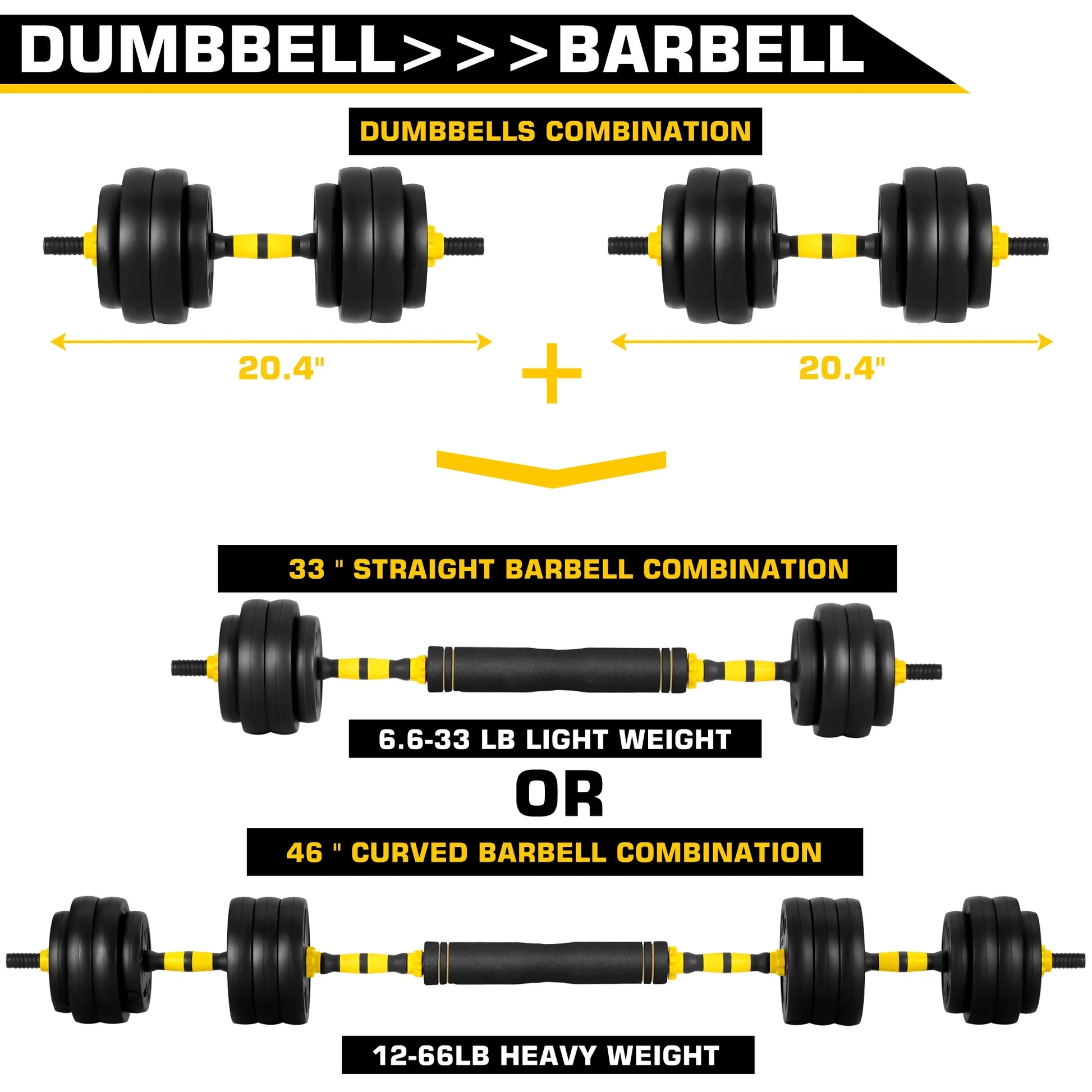 Versatile 66 Lbs Adjustable Dumbbell Barbell Set - 4-in-1 Weight System for Ultimate Home Fitness, Ideal for Men & Women, Bright Yellow Design