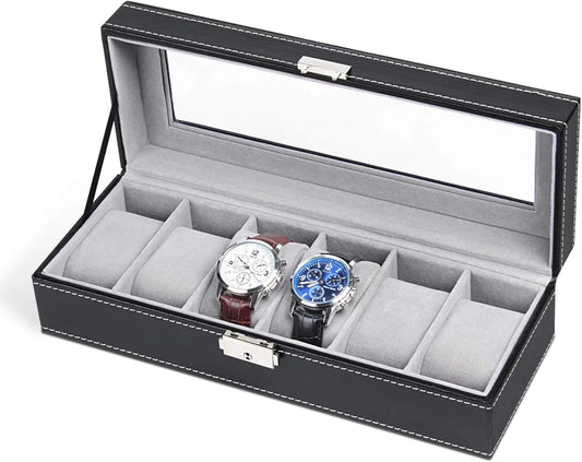 Luxurious 6-Slot Black Leather Watch Box Organizer - Perfect Display Storage for Men