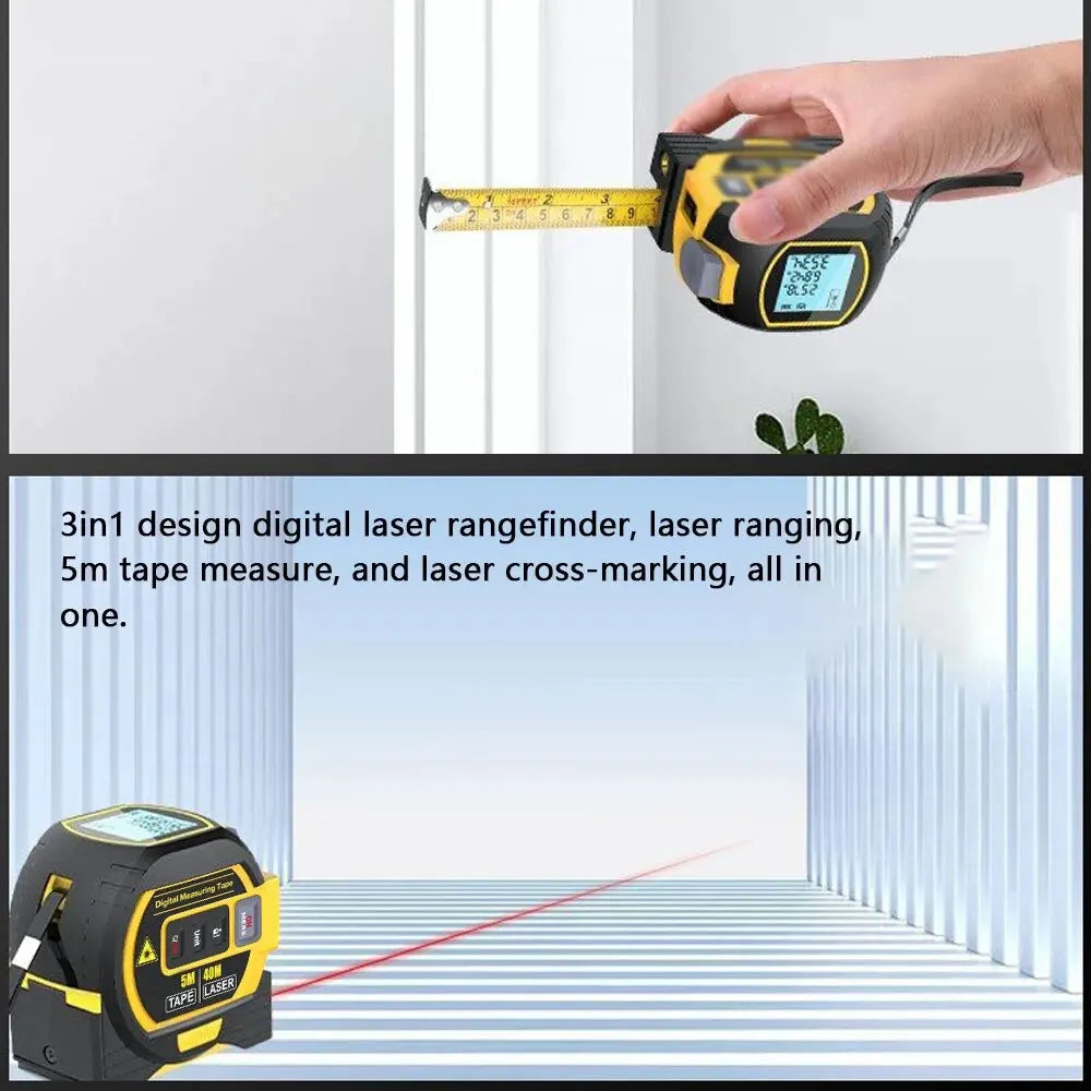 Revolutionary 3-in-1 Laser Tape Measure: High Precision Digital Rangefinder with Steel Tape and Cross-Marking Functionality