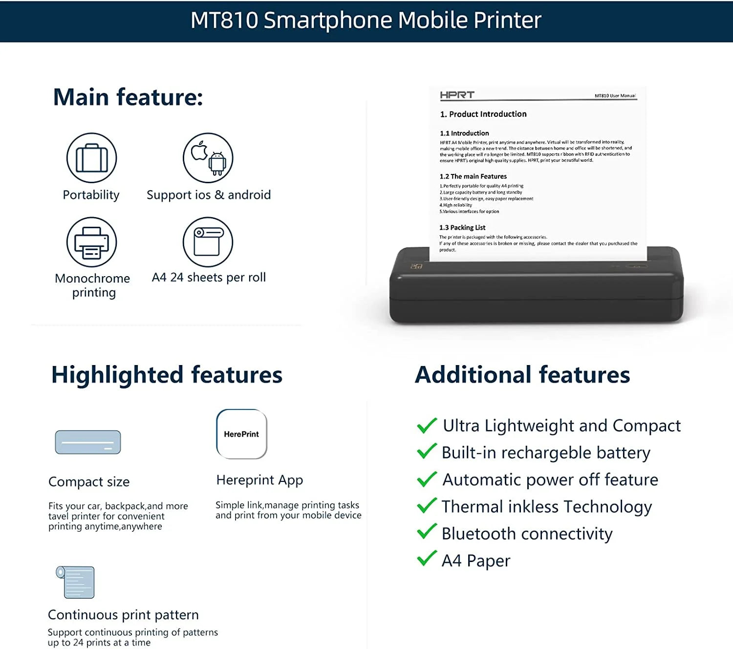 HPRT MT810 Portable Printer, A4 Wireless Bluetooth Travel Printer, Thermal Printer Support 8" & 4" Thermal Roll Paper Suitable for Home Vehicles Office Business