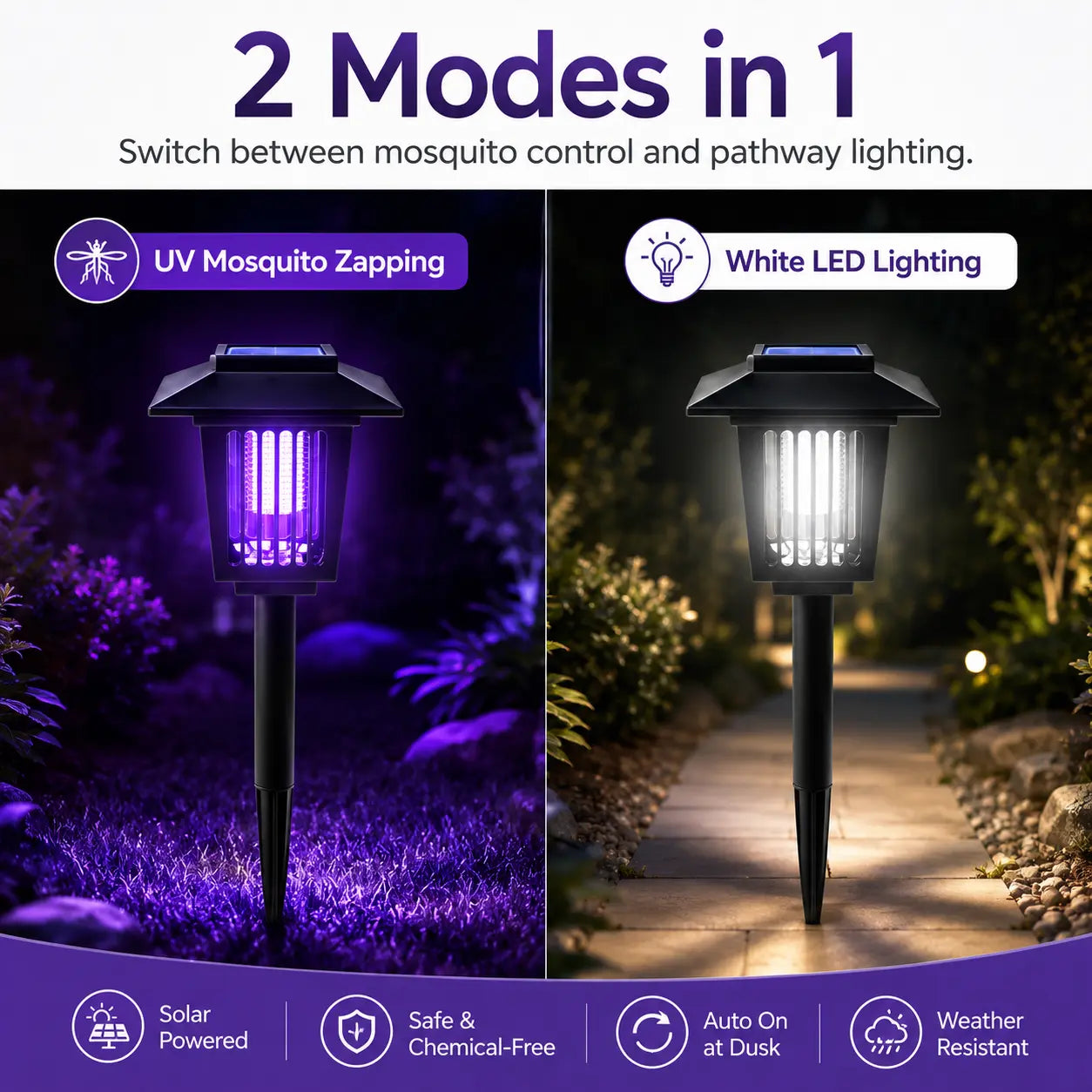 Illuminate Your Outdoors and Keep Mosquitoes Away with the Solar Mosquito Zapper Light – Versatile Garden Stake Lamp with Dual Modes and Weather Resistance