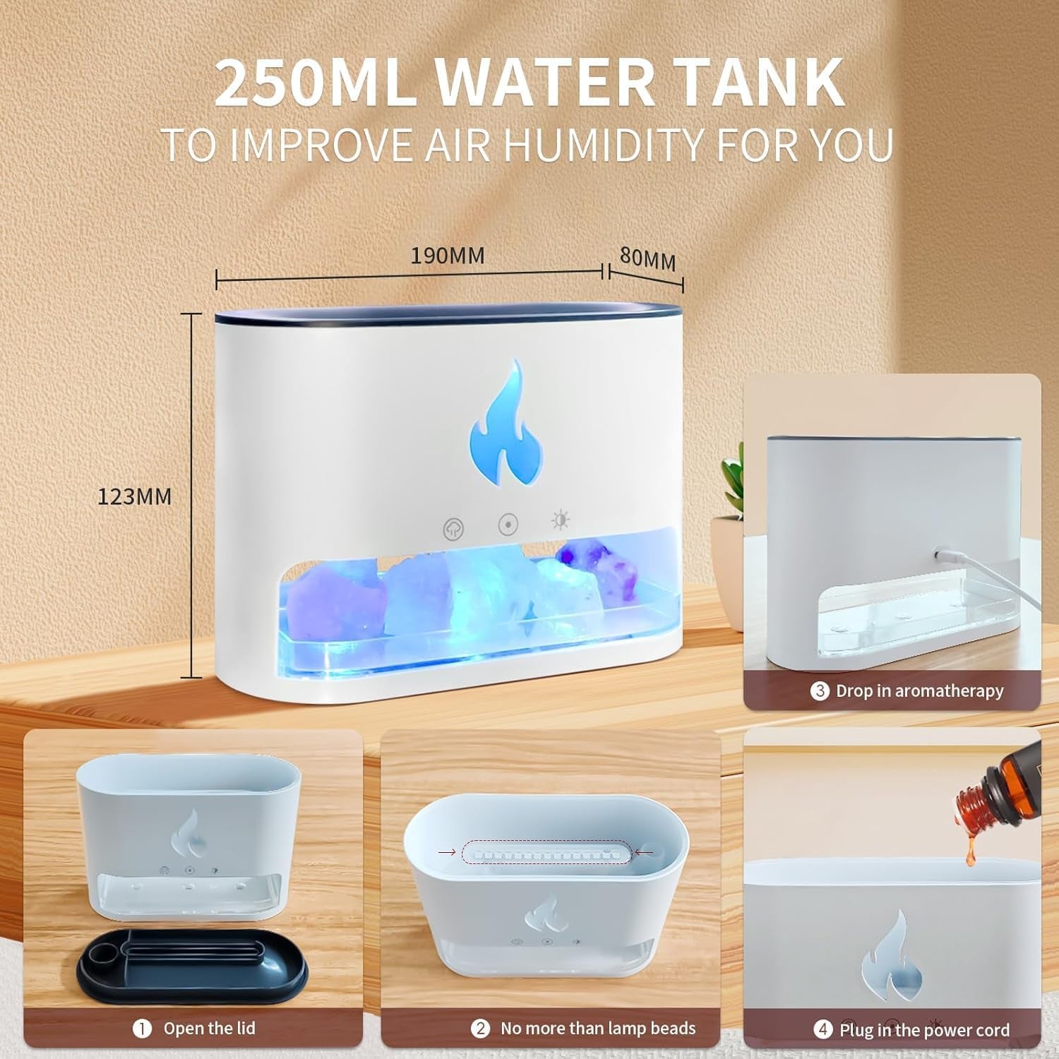 Colorful Flame Salt Lamp Humidifier & Essential Oil Diffuser for Home, Office & Yoga - 250ml with Timer