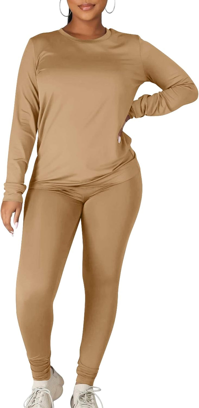 Elevate Your Workout Style with Kaximil Women's 2 Piece Tracksuit - Chic Long Sleeve Top and Legging Jogger Pants Set in Khaki