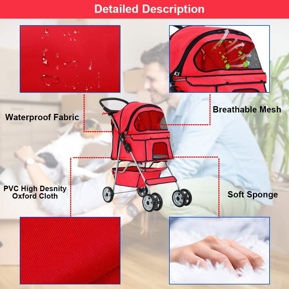 Pet Stroller Cat Dog Cage Stroller Travel Folding Carrier,Red