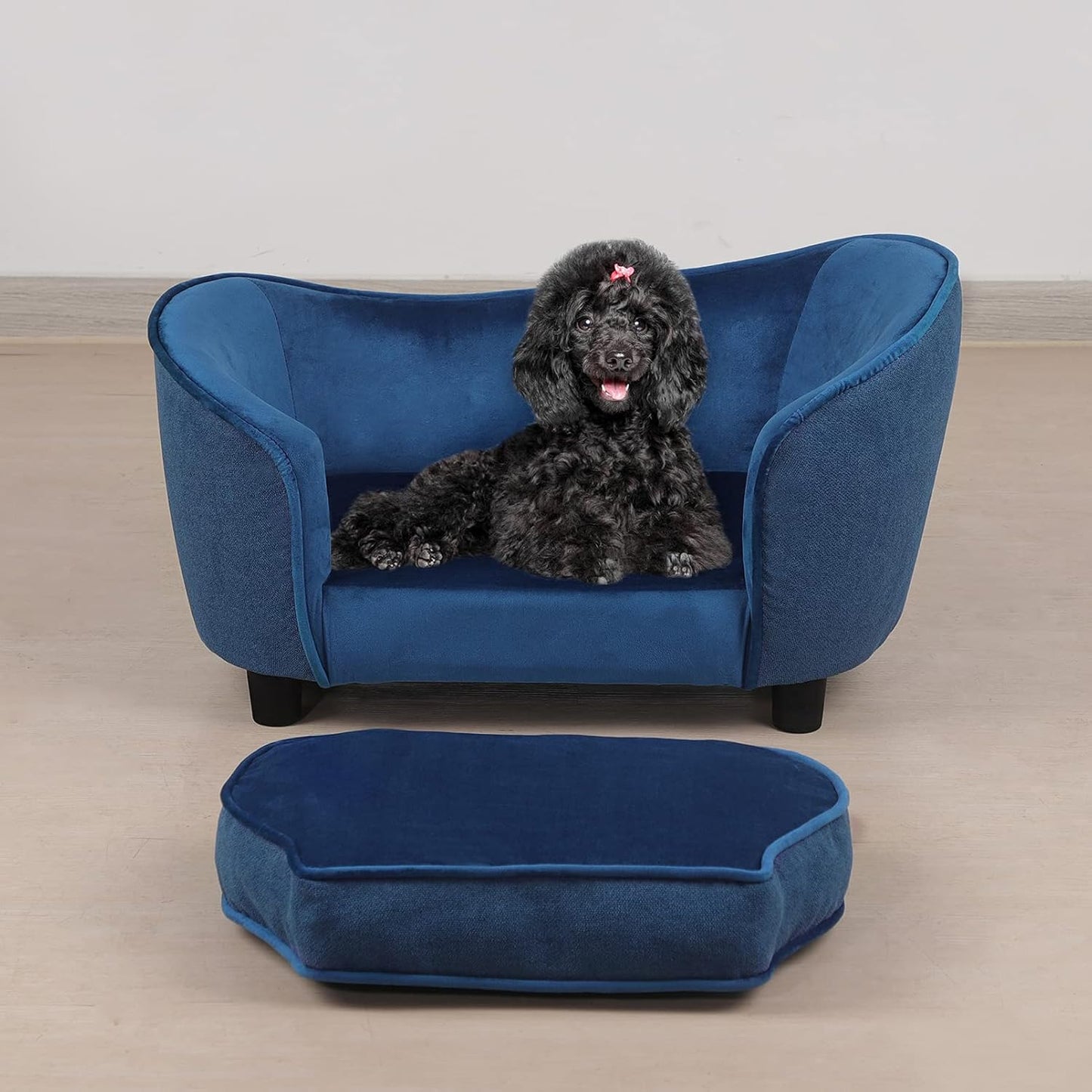Luxurious Velvet & Linen Pet Sofa Bed with Removable Washable Cushion - Perfect for Small Dogs and Cats (Blue)