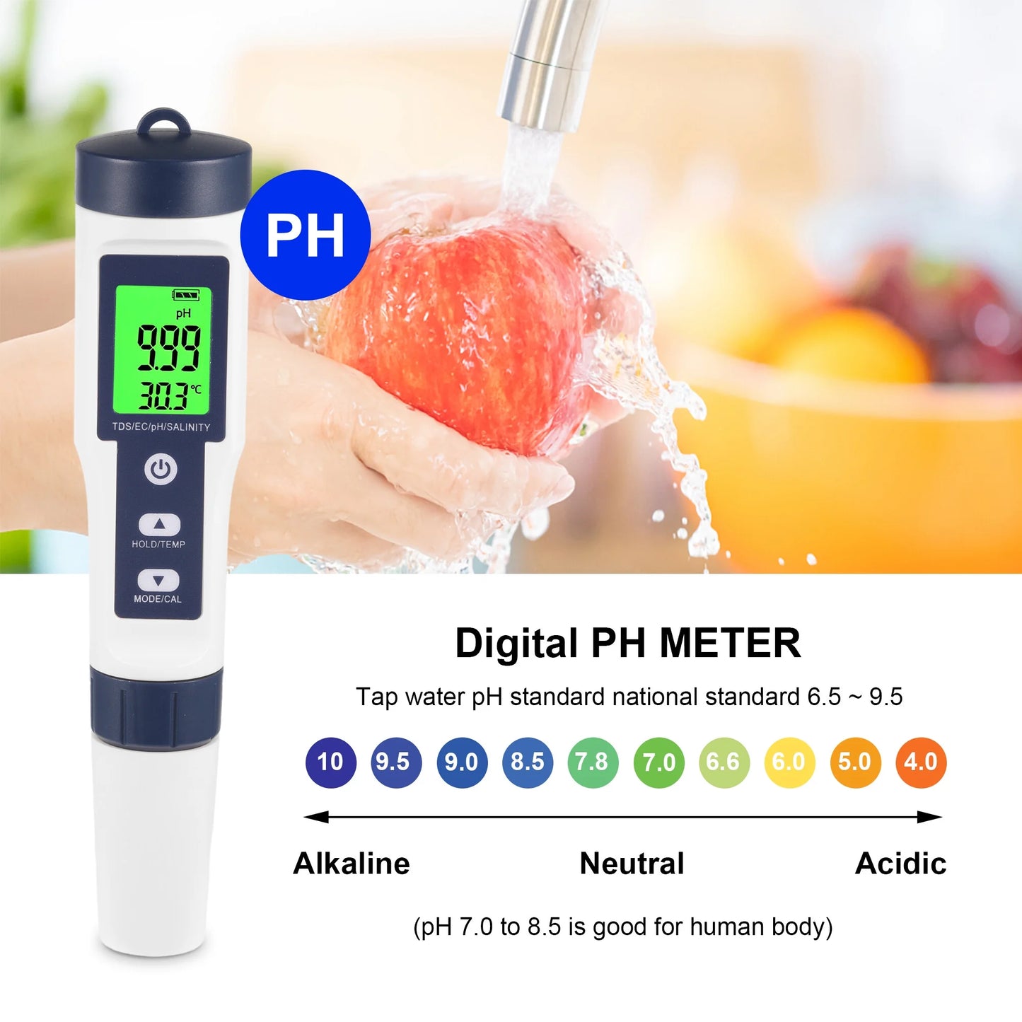 Pool Salt Tester & PH Meter Waterproof, ABS White, 8.19" X 3.12" X 1.95"
