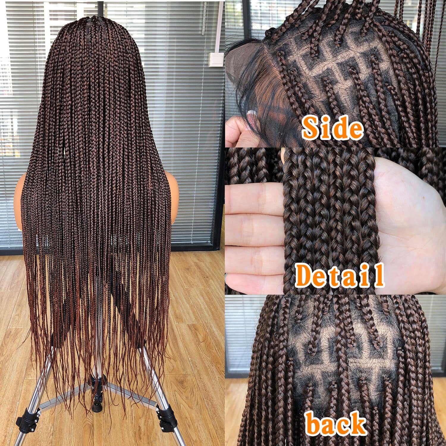 Runm 36" Ombre Brown Full Lace Front Box Braided Wig for Black Women - Hand Braided Synthetic Wig with Baby Hair