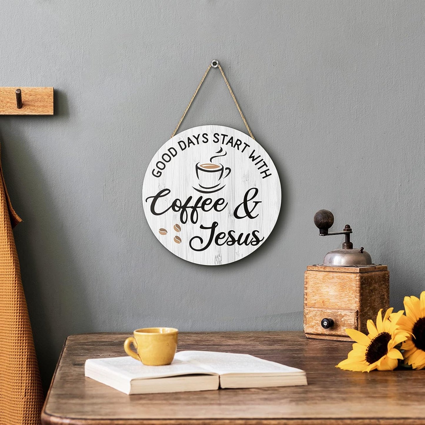 Inspirational Coffee Bar Decor - "Good Days Start with Jesus" Sign for Cafe, 12" x 12"