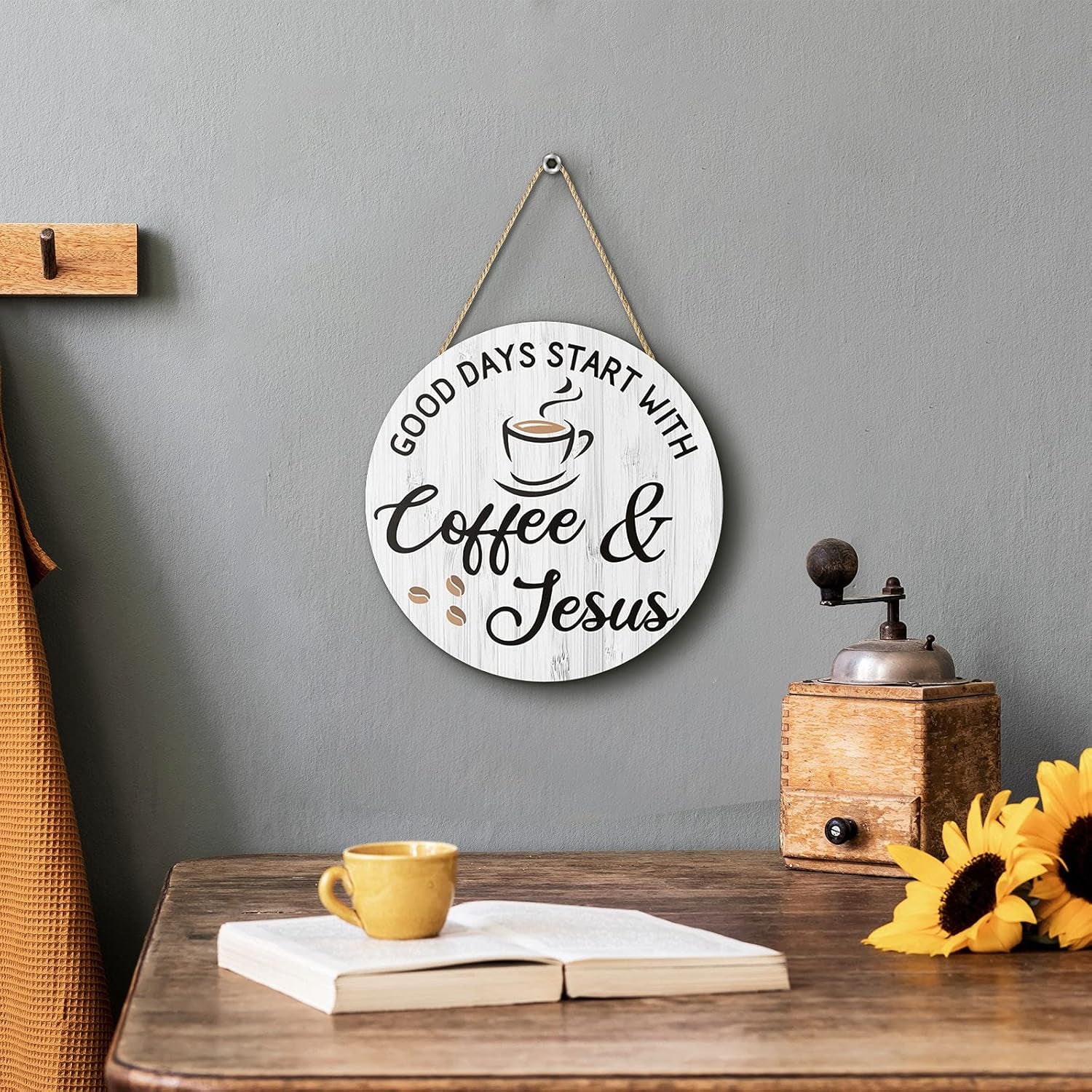 Inspirational Coffee Bar Decor - "Good Days Start with Jesus" Sign for Cafe, 12" x 12"