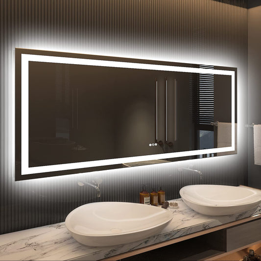 60" x 28" Dimmable LED Bathroom Mirror - Backlit & Front-Lighted, Anti-Fog, Memory Function, Shatterproof, ETL Listed
