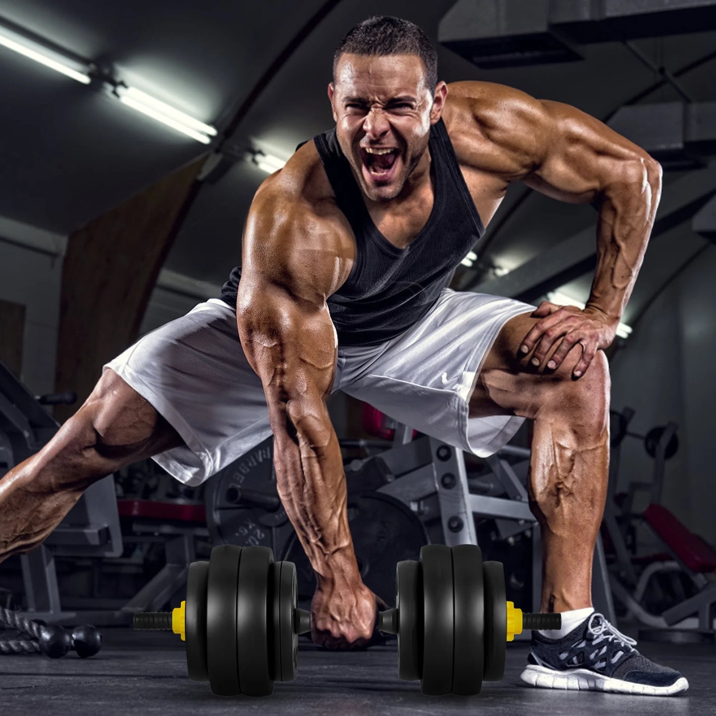 Versatile 66 Lbs Adjustable Dumbbell Barbell Set - 4-in-1 Weight System for Ultimate Home Fitness, Ideal for Men & Women, Bright Yellow Design