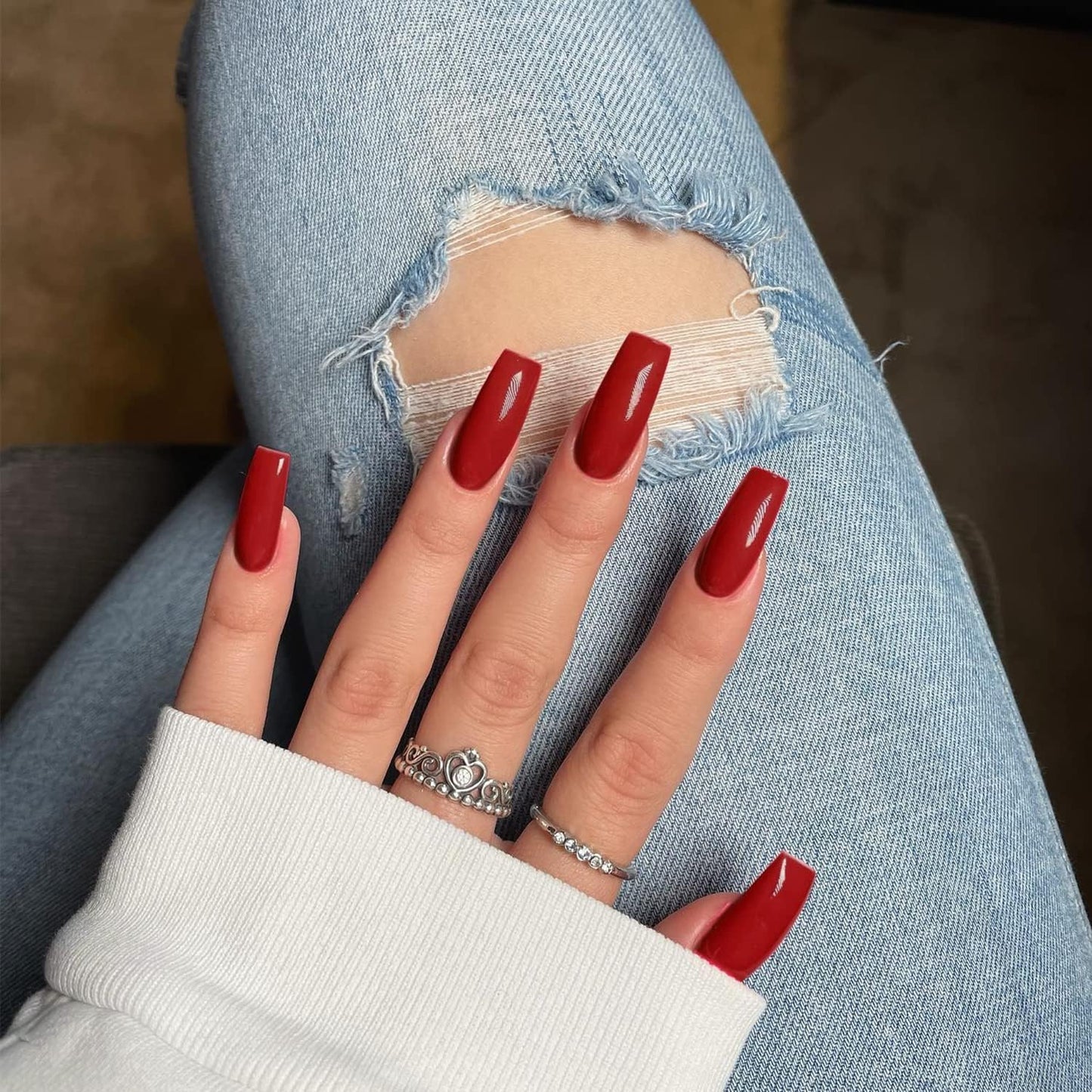 Vibrant Red Medium Long Square Press-On Nails - Stylish Coffin Acrylic Nails for Effortless Glam!