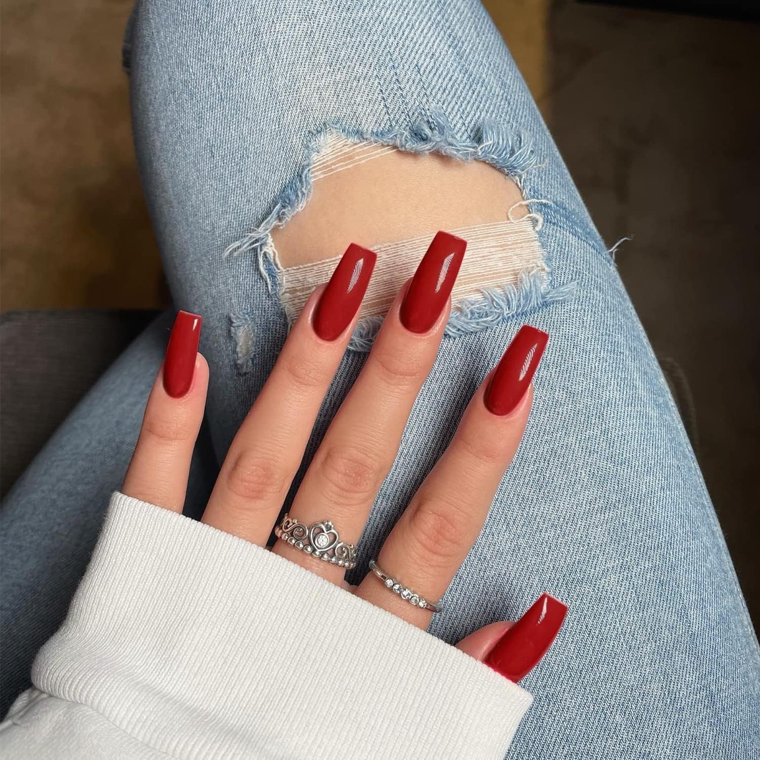 Vibrant Red Medium Long Square Press-On Nails - Stylish Coffin Acrylic Nails for Effortless Glam!