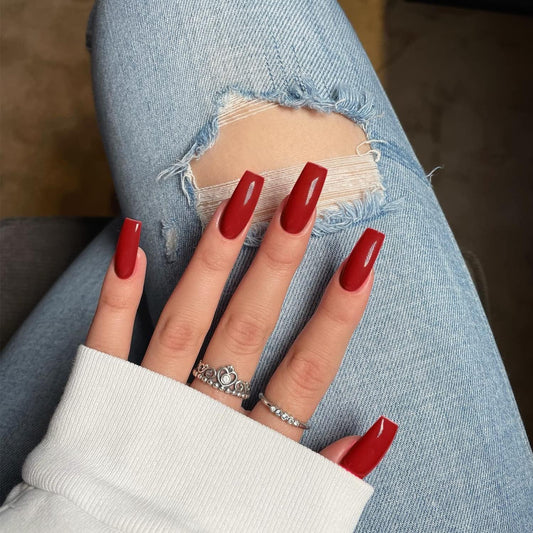 Vibrant Red Medium Long Square Press-On Nails - Stylish Coffin Acrylic Nails for Effortless Glam!