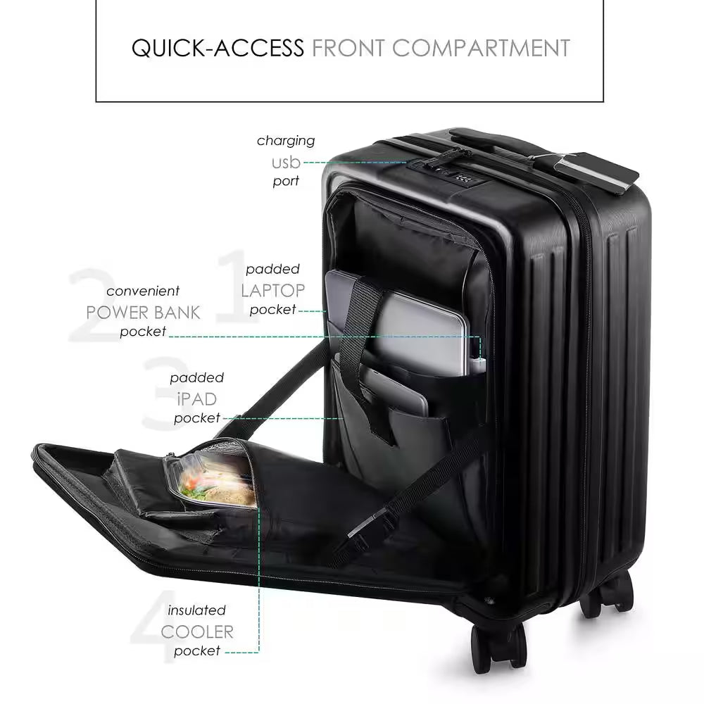 Elevate Your Travel Experience with Our 2-Piece Black Hardside Carry-On Luggage Set - Airline Approved with USB Charging Capability!