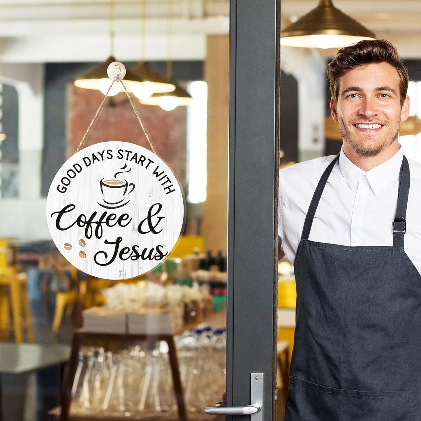 Inspirational Coffee Bar Decor - "Good Days Start with Jesus" Sign for Cafe, 12" x 12"