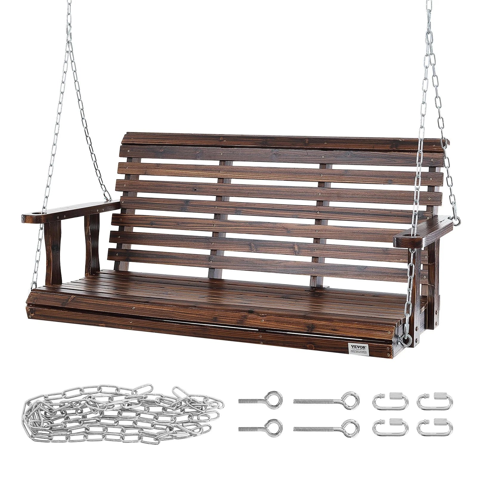 VEVOR Wooden Porch Swing 4.5 Ft, Patio Bench Swing for Courtyard & Garden, Upgraded 880 Lbs Strong Load Capacity, Heavy Duty Swing Chair Bench with Hanging Chains for Outdoors, Carbonized Brown