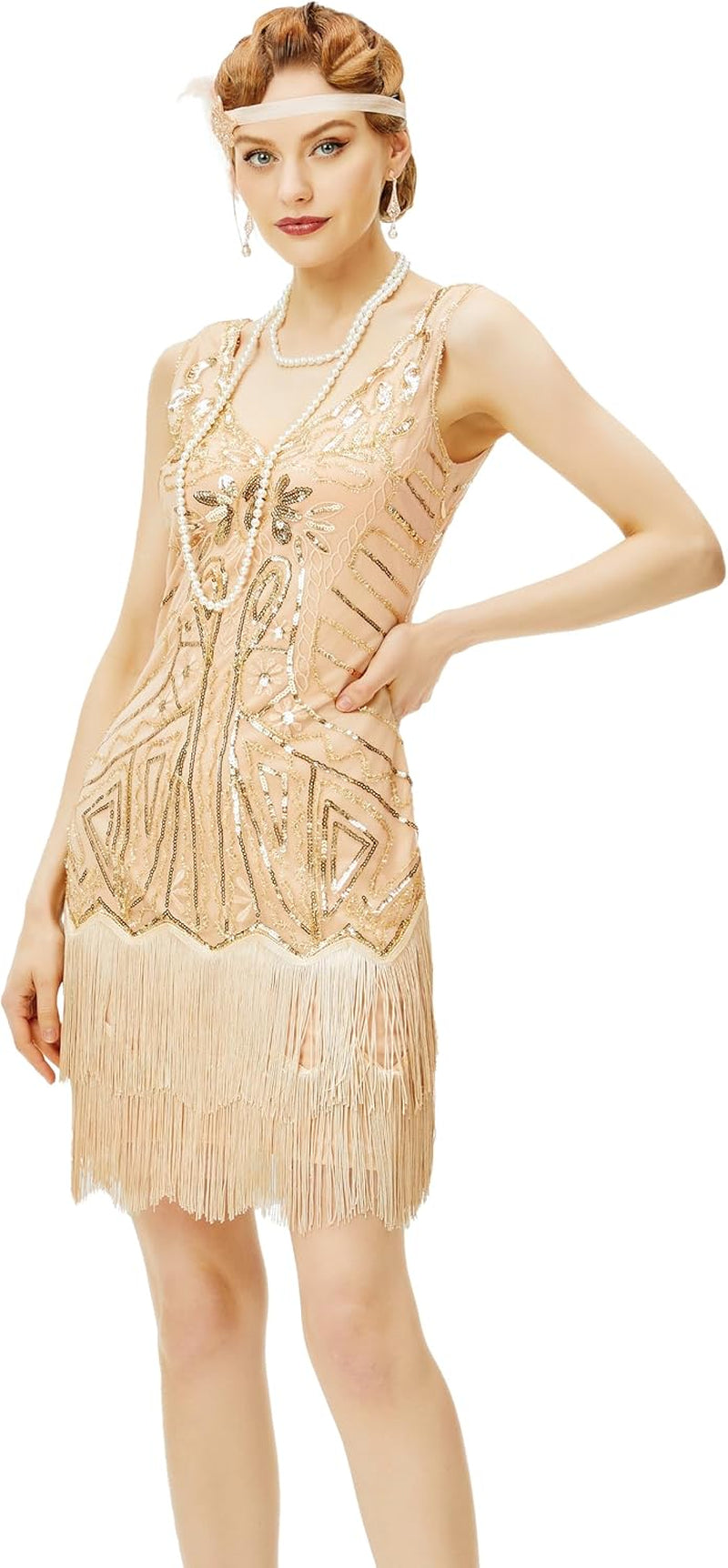 Glamorous 1920s Women's Flapper Dress - Beaded V-Neck Fringed Cocktail Attire in Champagne & Gold