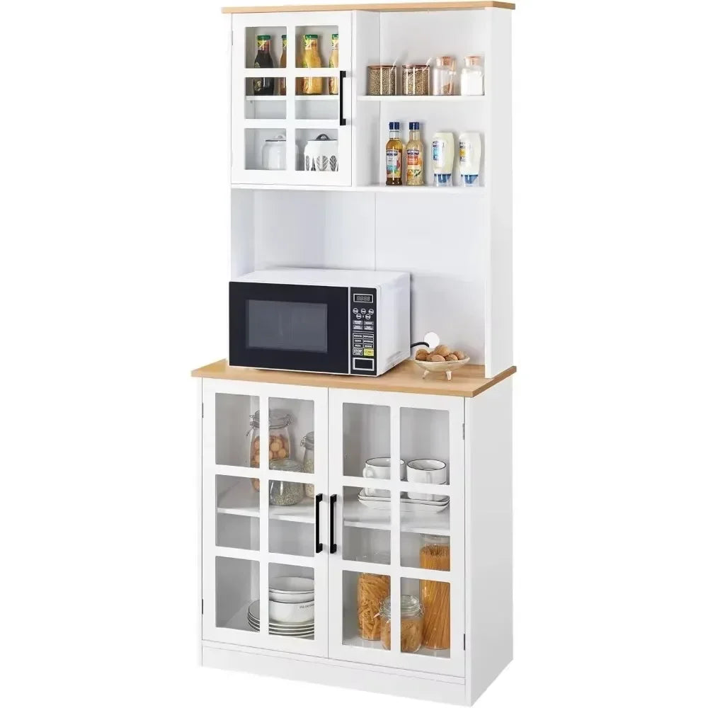Stylish 72'' Kitchen Pantry Storage Cabinet with Hutch - Versatile Buffet Cupboard with Glass Doors and Ample Countertop Space