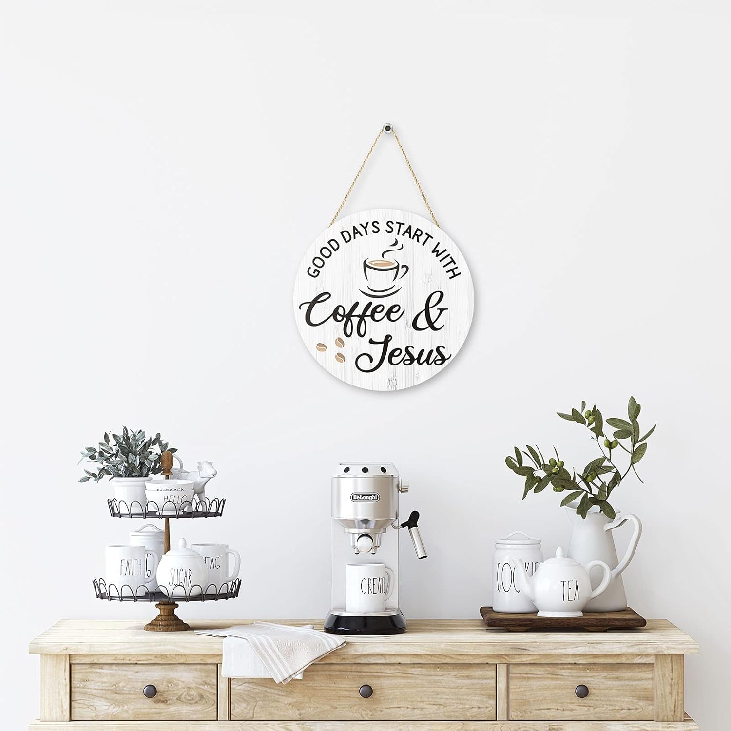 Inspirational Coffee Bar Decor - "Good Days Start with Jesus" Sign for Cafe, 12" x 12"