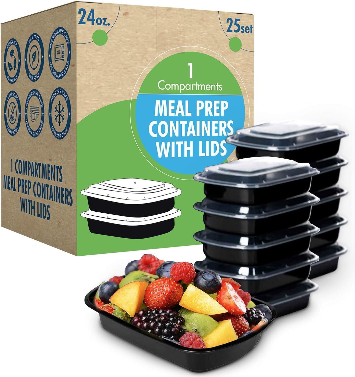 25-Pack Reusable Meal Prep Containers with Lids - 24oz Bento Boxes for Food Storage, Portion Control, Stackable, Microwave, Dishwasher & Freezer Safe