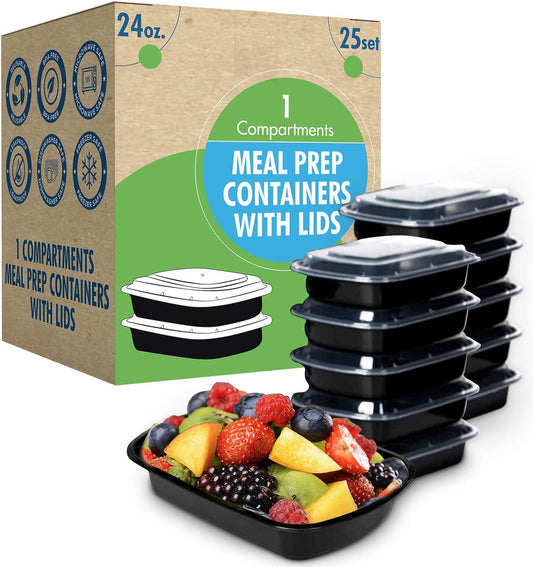 25-Pack Reusable Meal Prep Containers with Lids - 24oz Bento Boxes for Food Storage, Portion Control, Stackable, Microwave, Dishwasher & Freezer Safe